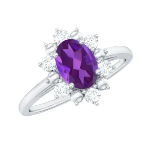 Oval Amethyst Floral Halo Engagement Ring with Diamond