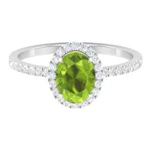 Oval Peridot Halo Engagement Ring with Diamond