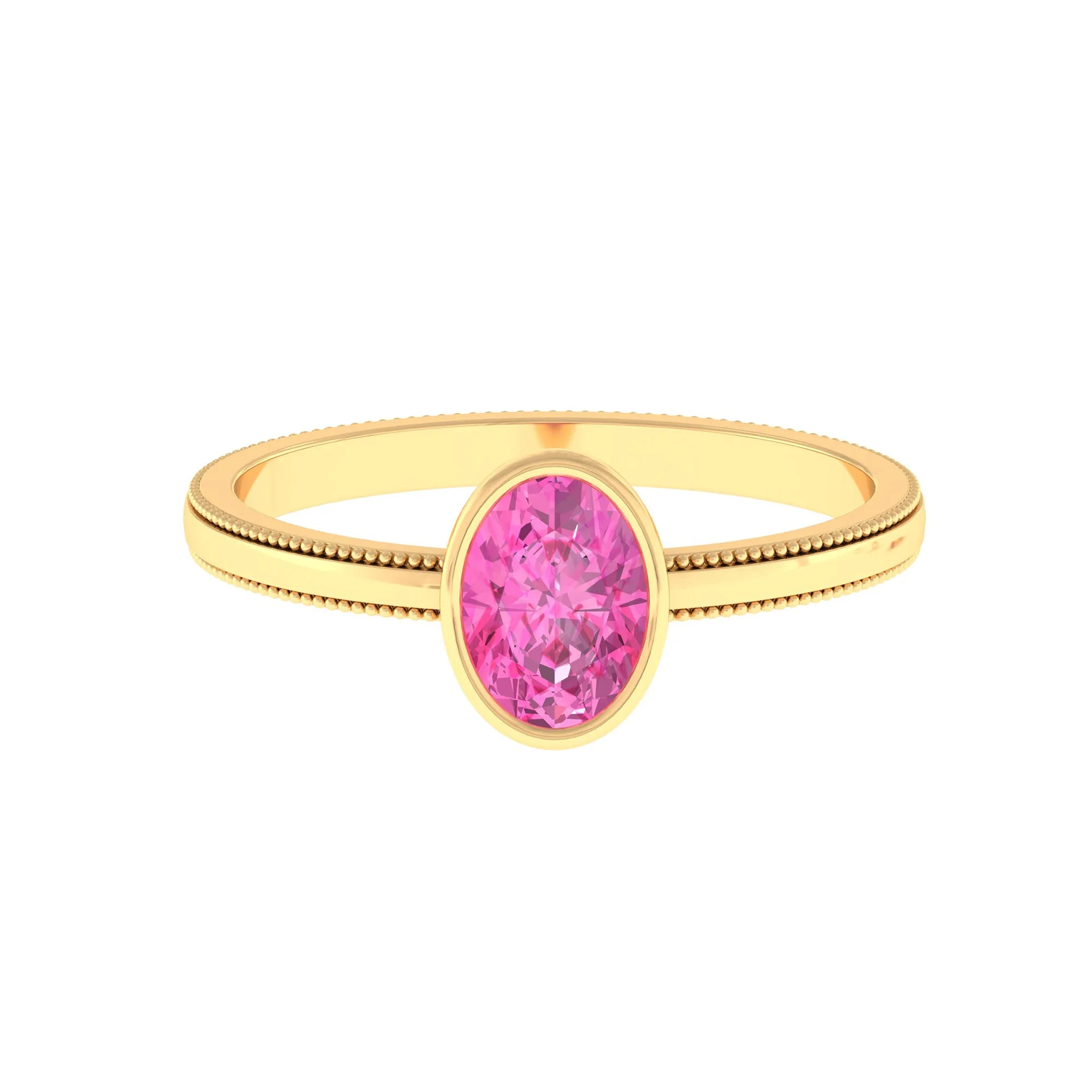 Oval Shape Pink Sapphire Solitaire Ring with Beaded Details