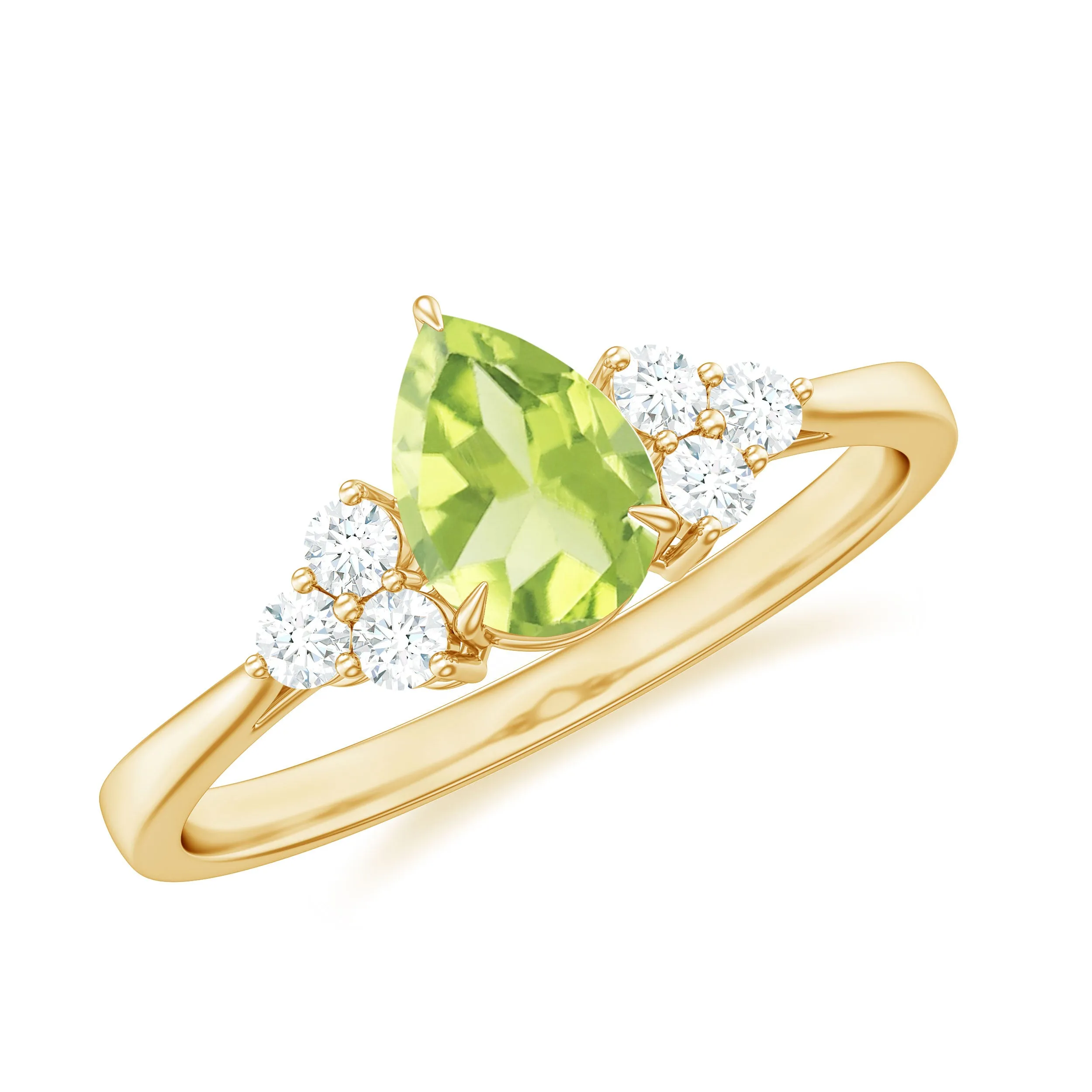 Pear Cut Peridot Solitaire Ring with Diamond Trio