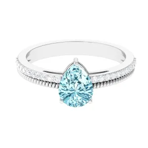 Pear Shape Aquamarine and Diamond Solitaire Ring with Twisted Rope Details