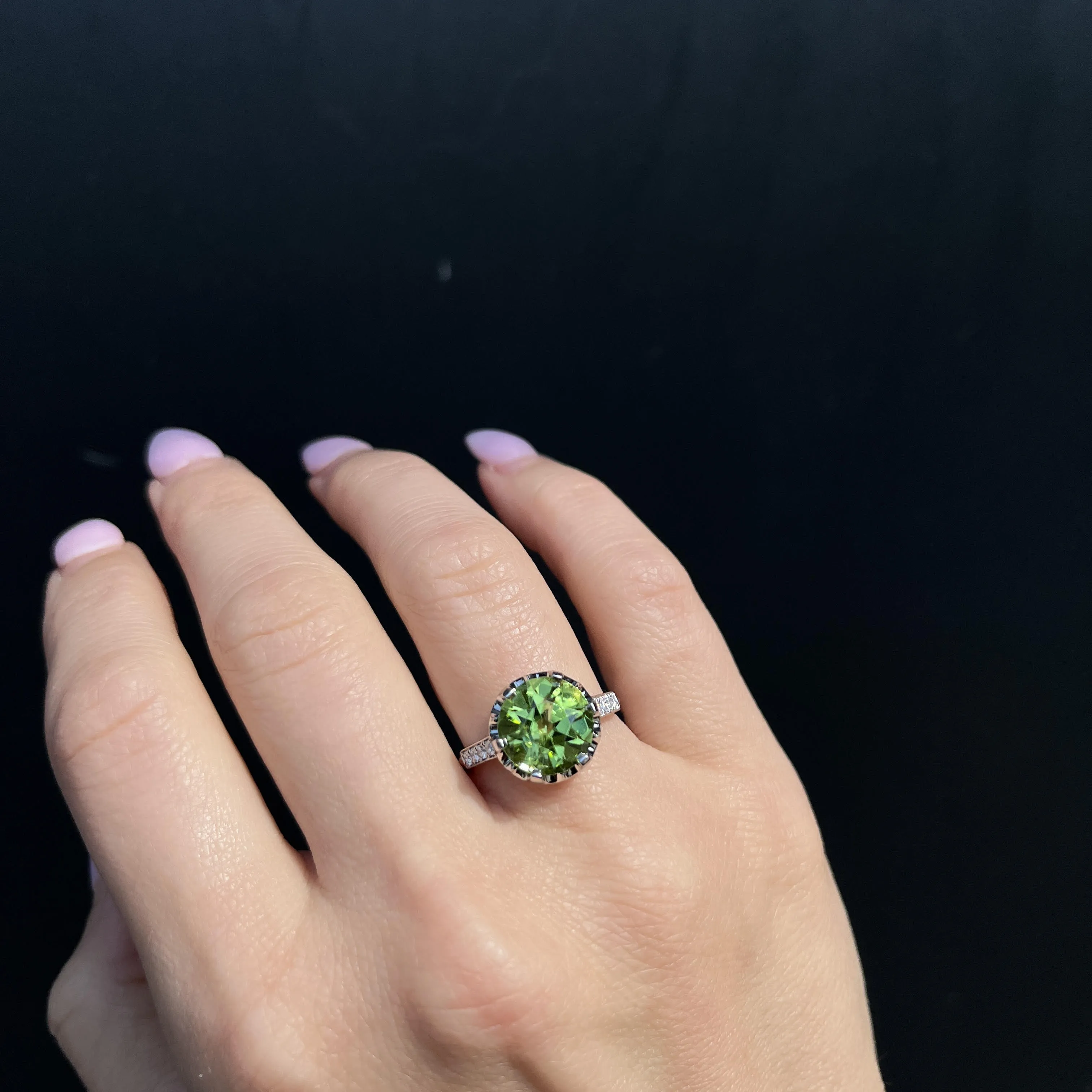 Platinum 5.13 Carat Peridot and Diamond Ring