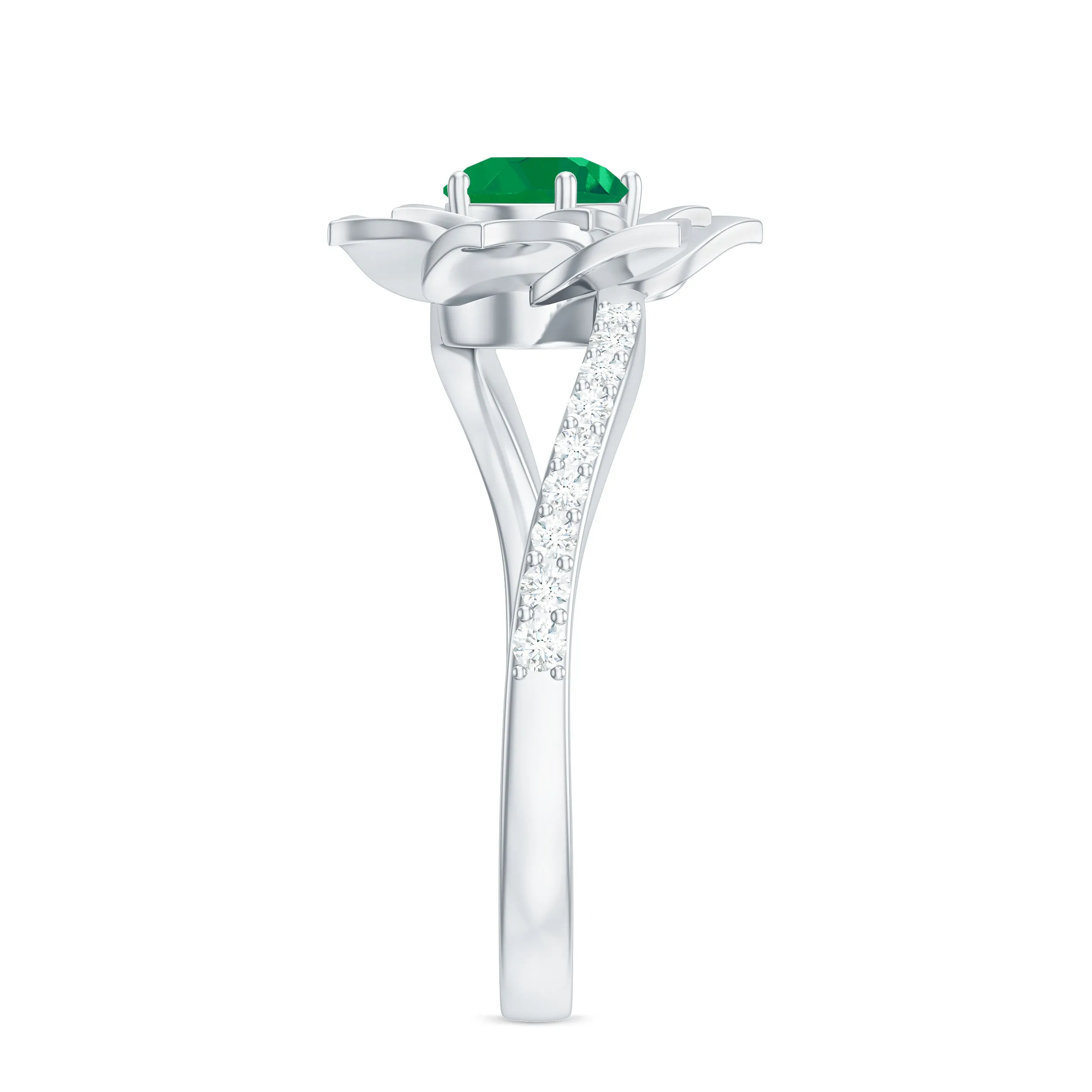 Real Emerald and Diamond Flower Ring with Bypass Shank