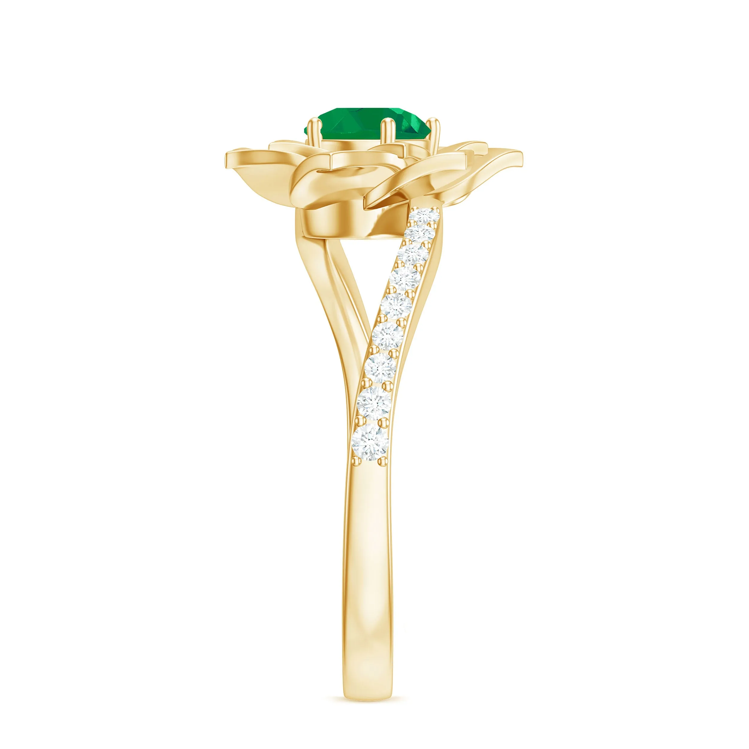 Real Emerald and Diamond Flower Ring with Bypass Shank