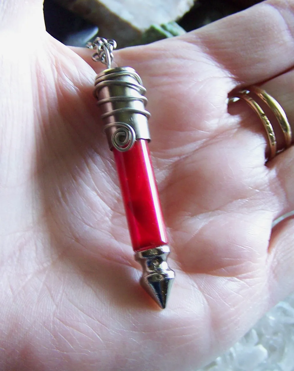 Red Coral Dragon's Teeth Silver Bullet Jewelry Pendant Necklace