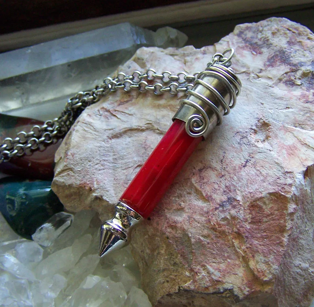 Red Coral Dragon's Teeth Silver Bullet Jewelry Pendant Necklace