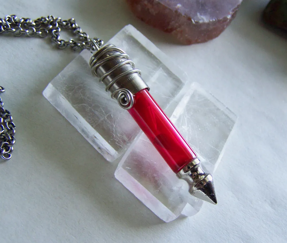 Red Coral Dragon's Teeth Silver Bullet Jewelry Pendant Necklace