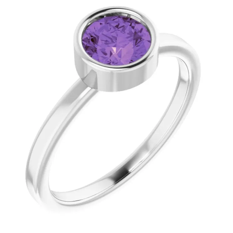 Rhodium-Plated Sterling Silver 6 mm Imitation Amethyst Ring