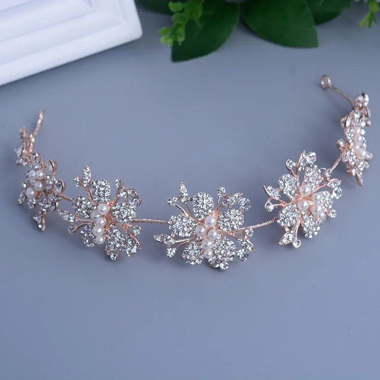 Rose Gold Clear Simulated Pearls Crystal Flowers Bridal Tiara-Crown