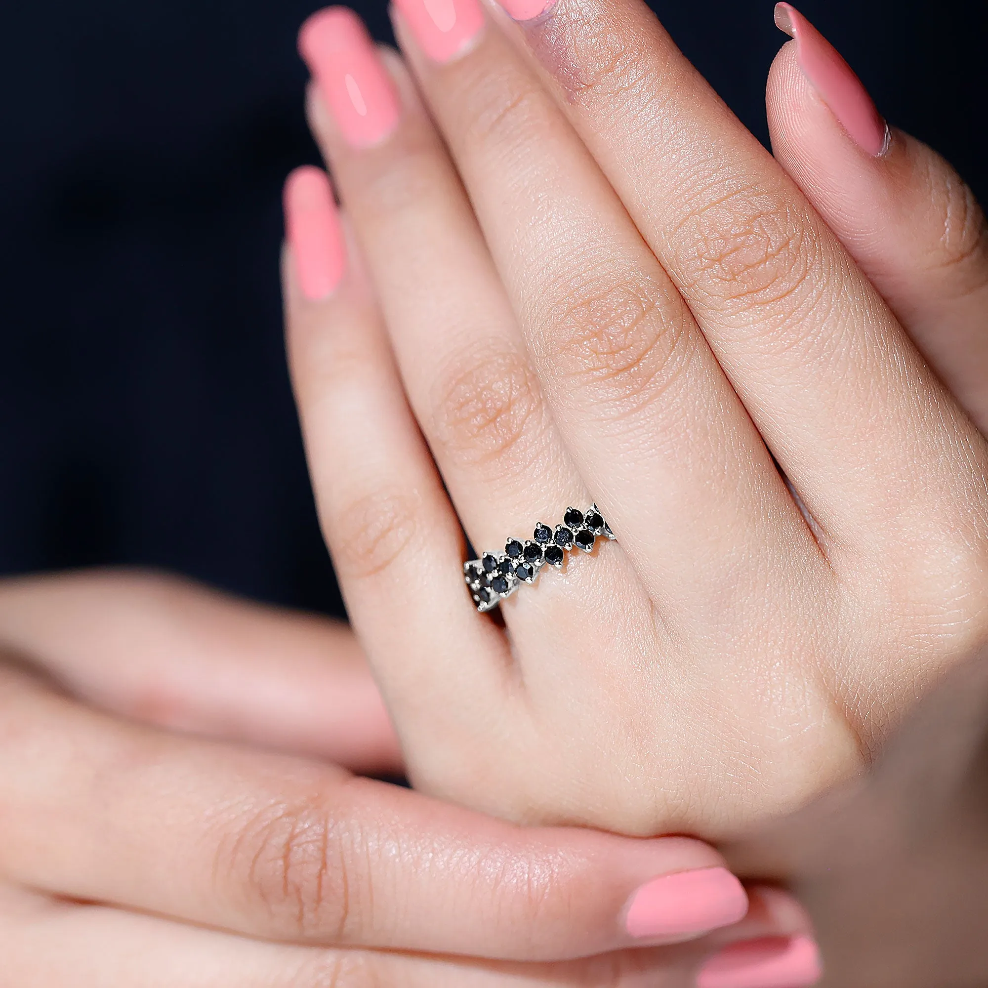 Round Black Spinel Cluster Eternity Ring in Prong Setting