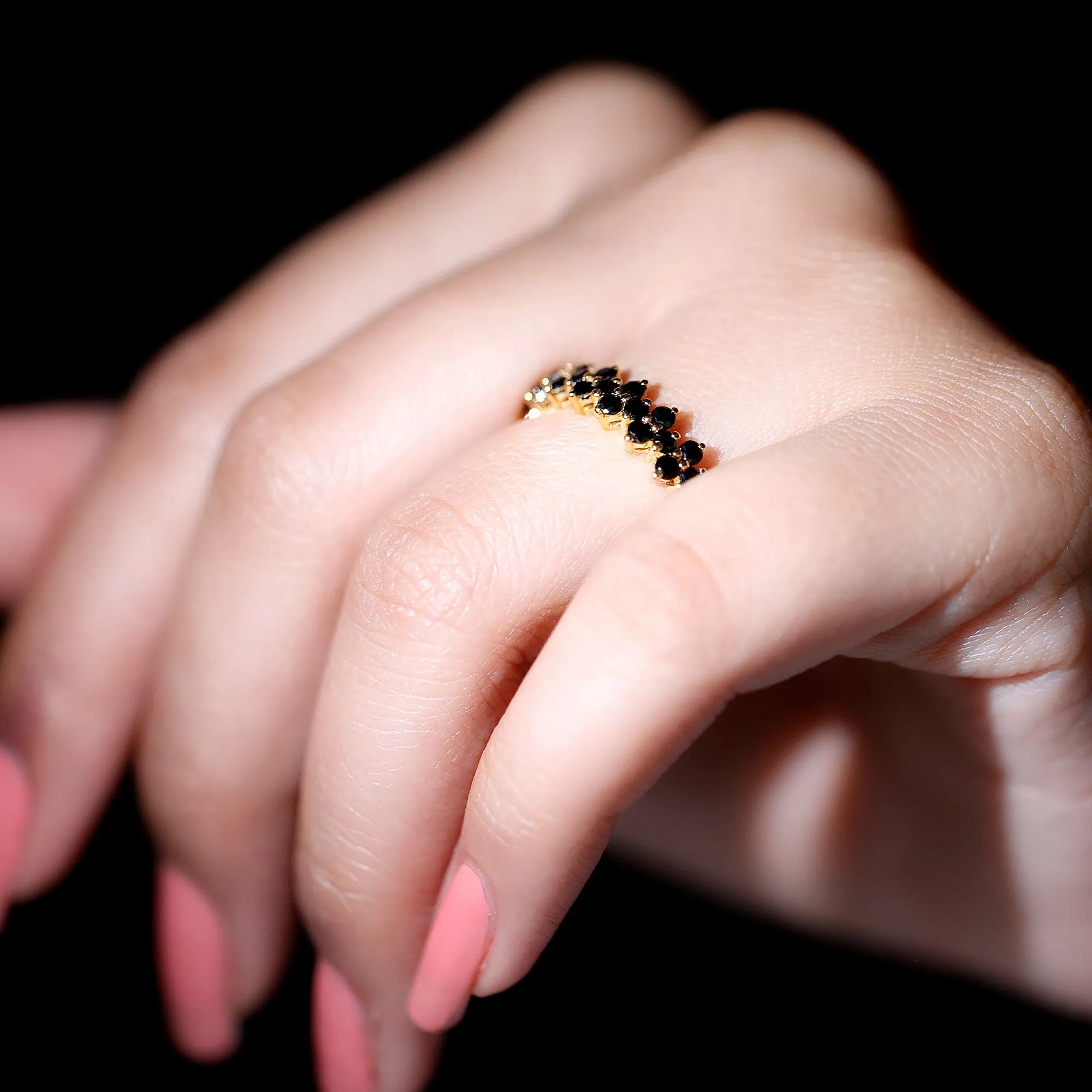 Round Black Spinel Cluster Eternity Ring in Prong Setting