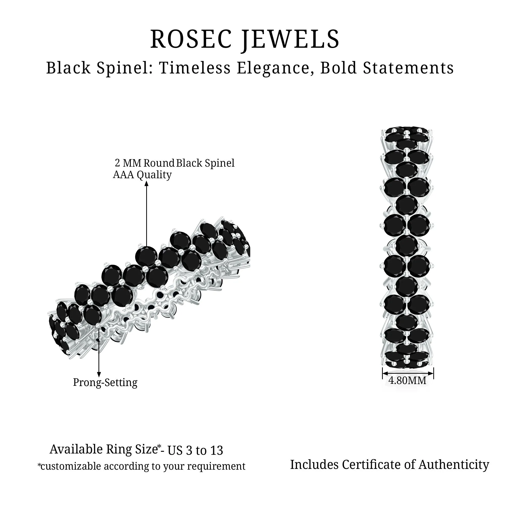 Round Black Spinel Cluster Eternity Ring in Prong Setting