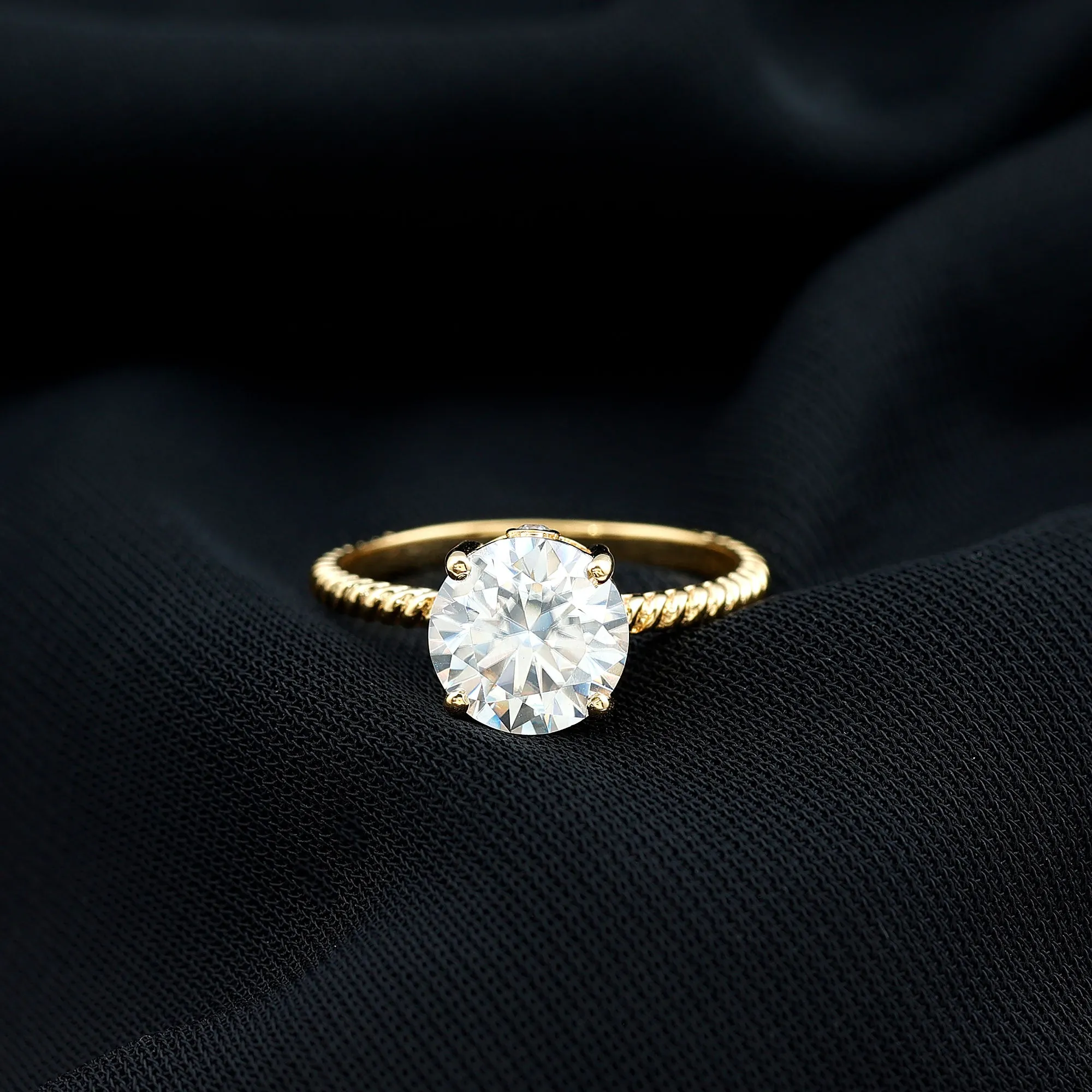 Round Cut Moissanite Solitaire Ring with Gold Twisted Rope