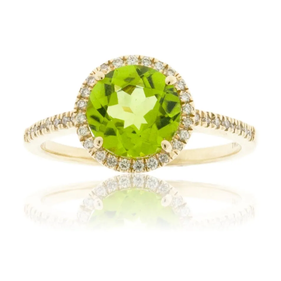 Round Peridot with Diamond Halo on Diamond Accented Band