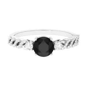 Round Shape Black Spinel Designer Engagement Ring with Diamond Side Stones