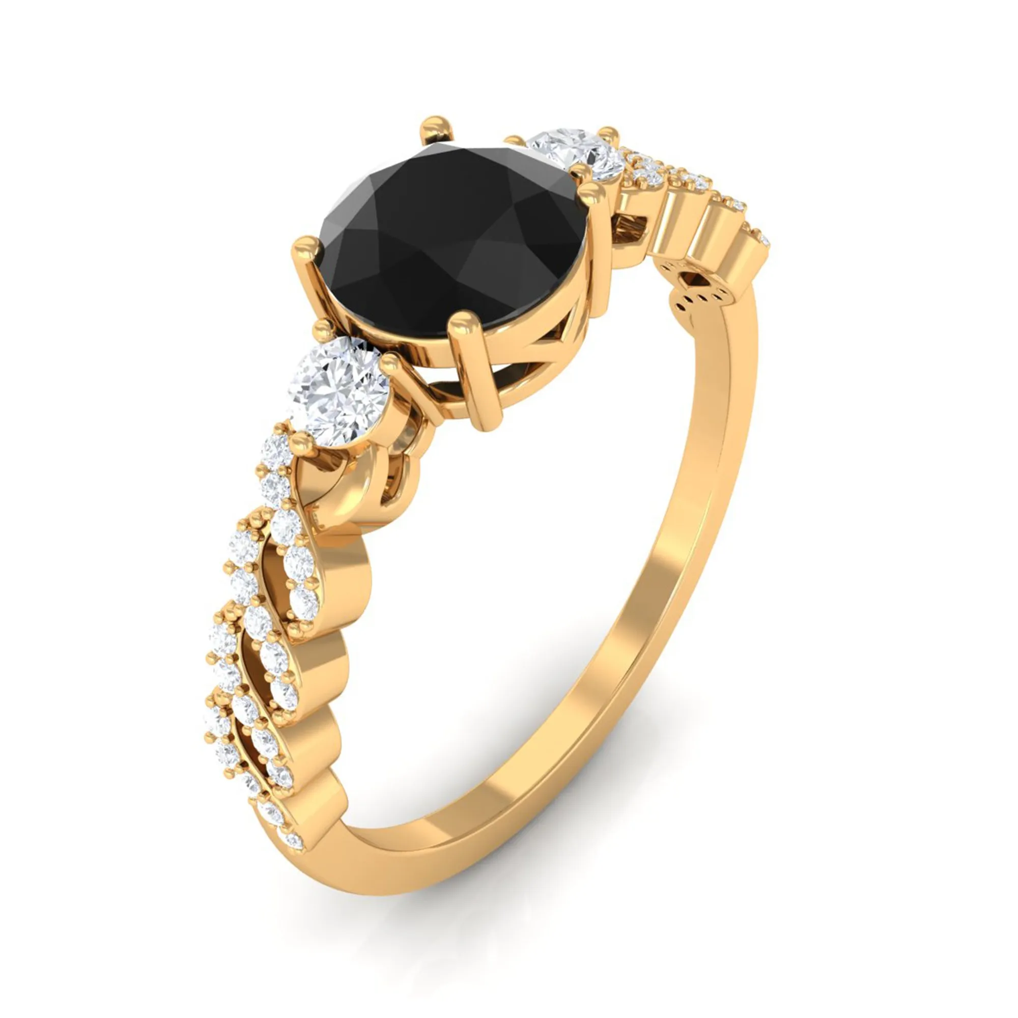 Round Shape Black Spinel Designer Engagement Ring with Diamond Side Stones