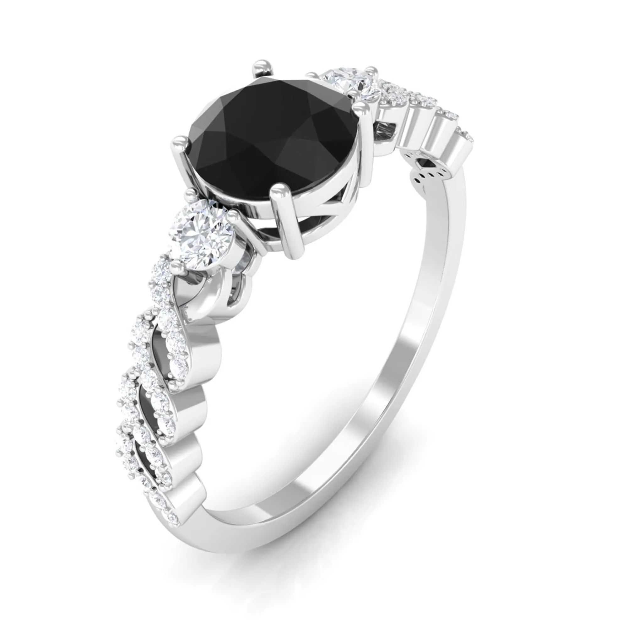 Round Shape Black Spinel Designer Engagement Ring with Diamond Side Stones