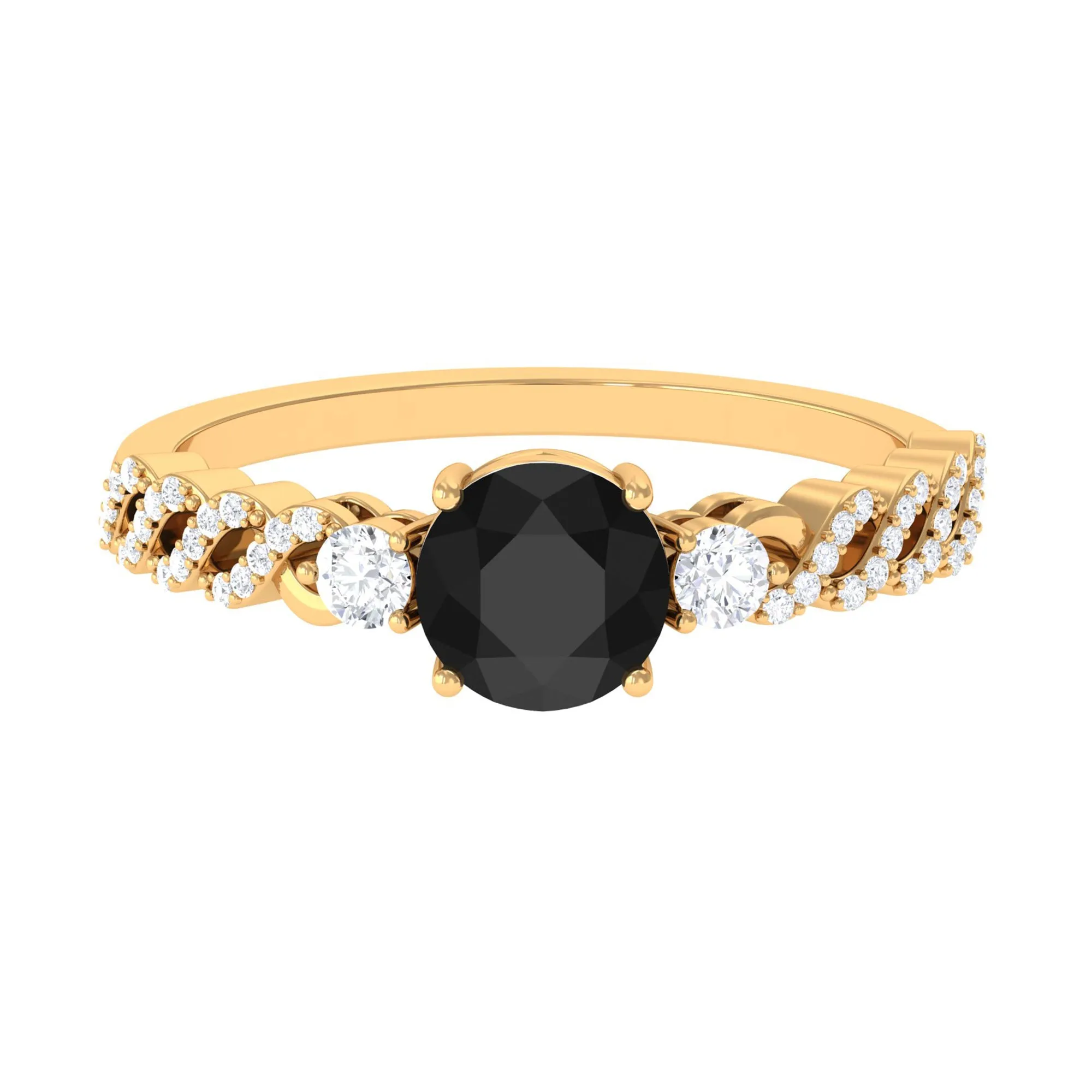 Round Shape Black Spinel Designer Engagement Ring with Diamond Side Stones