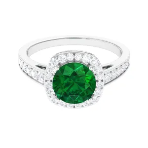 Round Shape Created Emerald Classic Halo Engagement Ring with Diamond