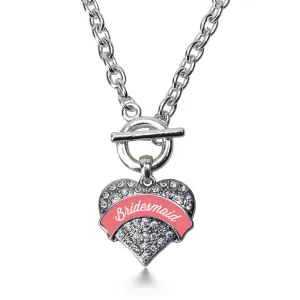 Silver Coral Bridesmaid Pave Heart Charm Toggle Necklace