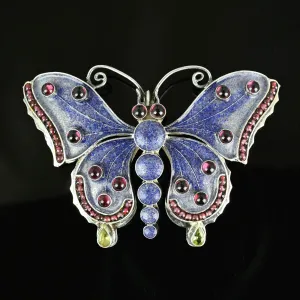 Silver Garnet Cabochon Peridot Enamel Butterfly Brooch