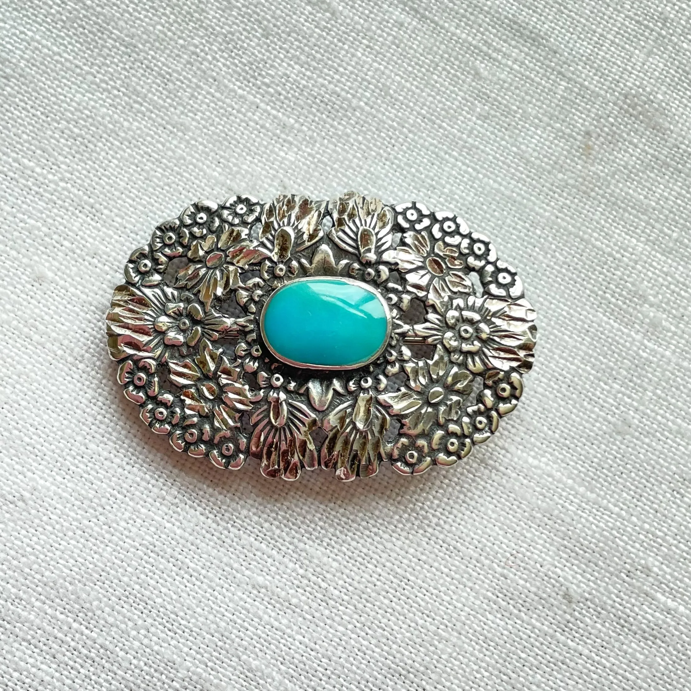 SOLD Vintage Sterling Silver Detailed Flower Turquoise Brooch/Pendant Signed CJ