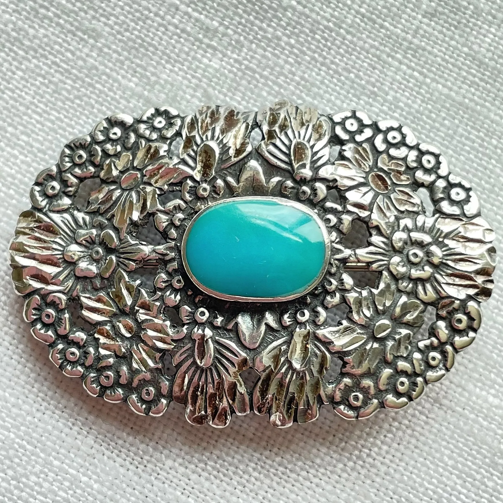 SOLD Vintage Sterling Silver Detailed Flower Turquoise Brooch/Pendant Signed CJ