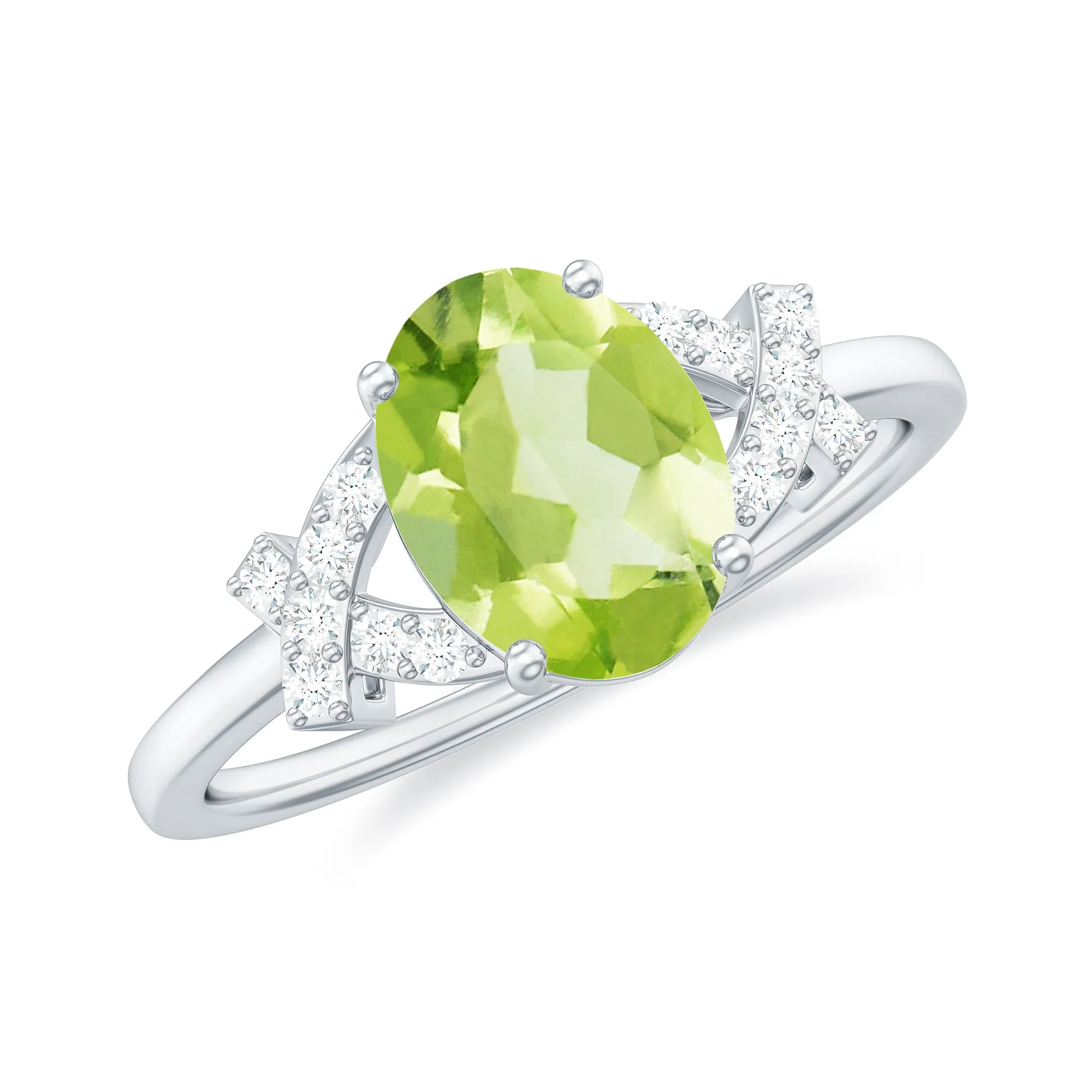 Split Shank Oval Peridot and Diamond Solitaire Engagement Ring