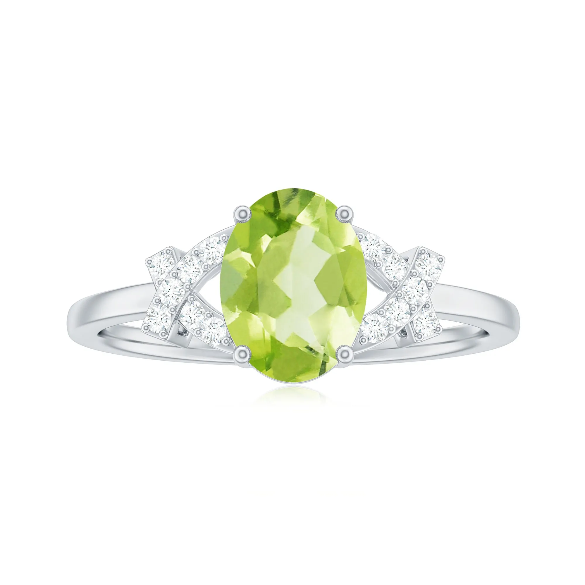 Split Shank Oval Peridot and Diamond Solitaire Engagement Ring