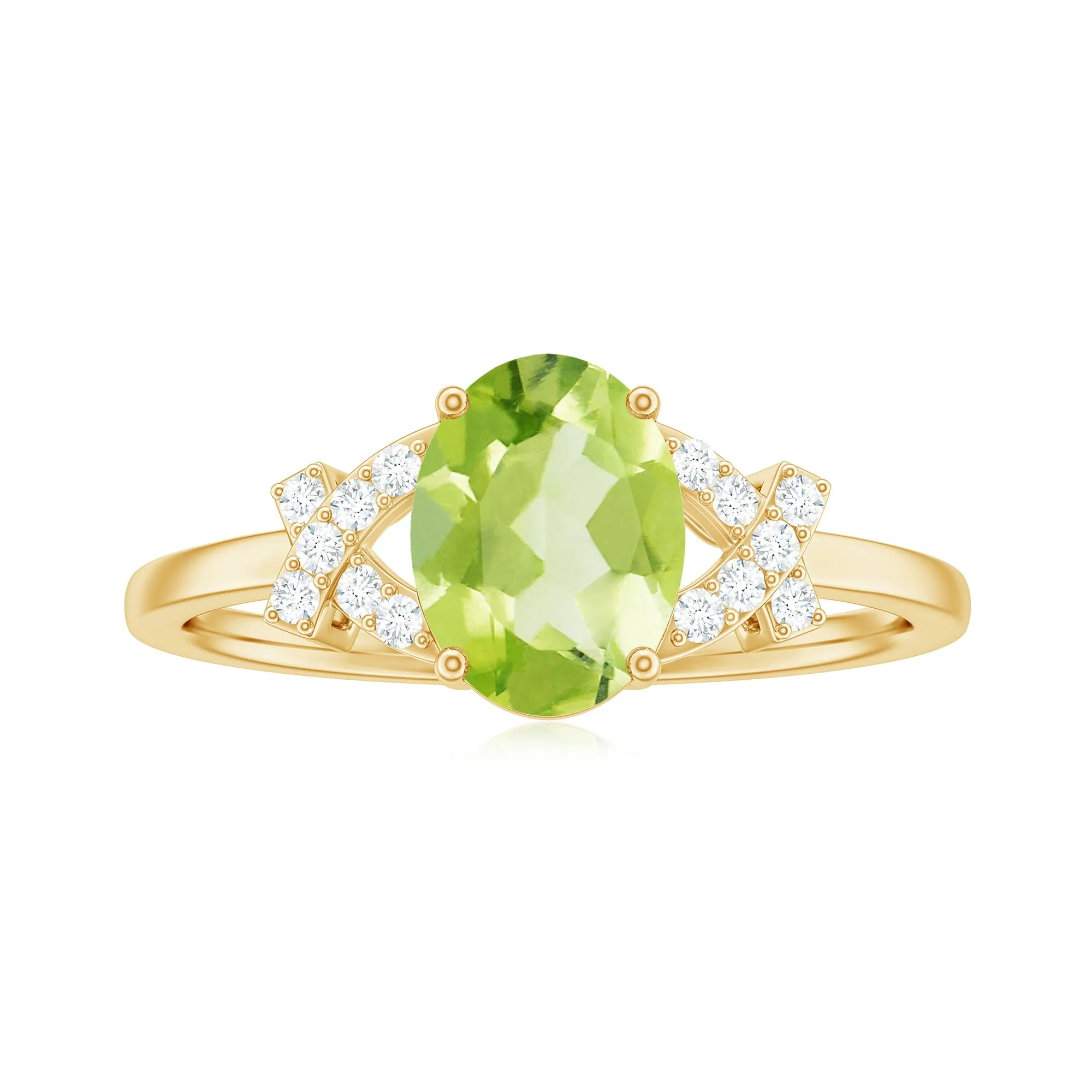 Split Shank Oval Peridot and Diamond Solitaire Engagement Ring