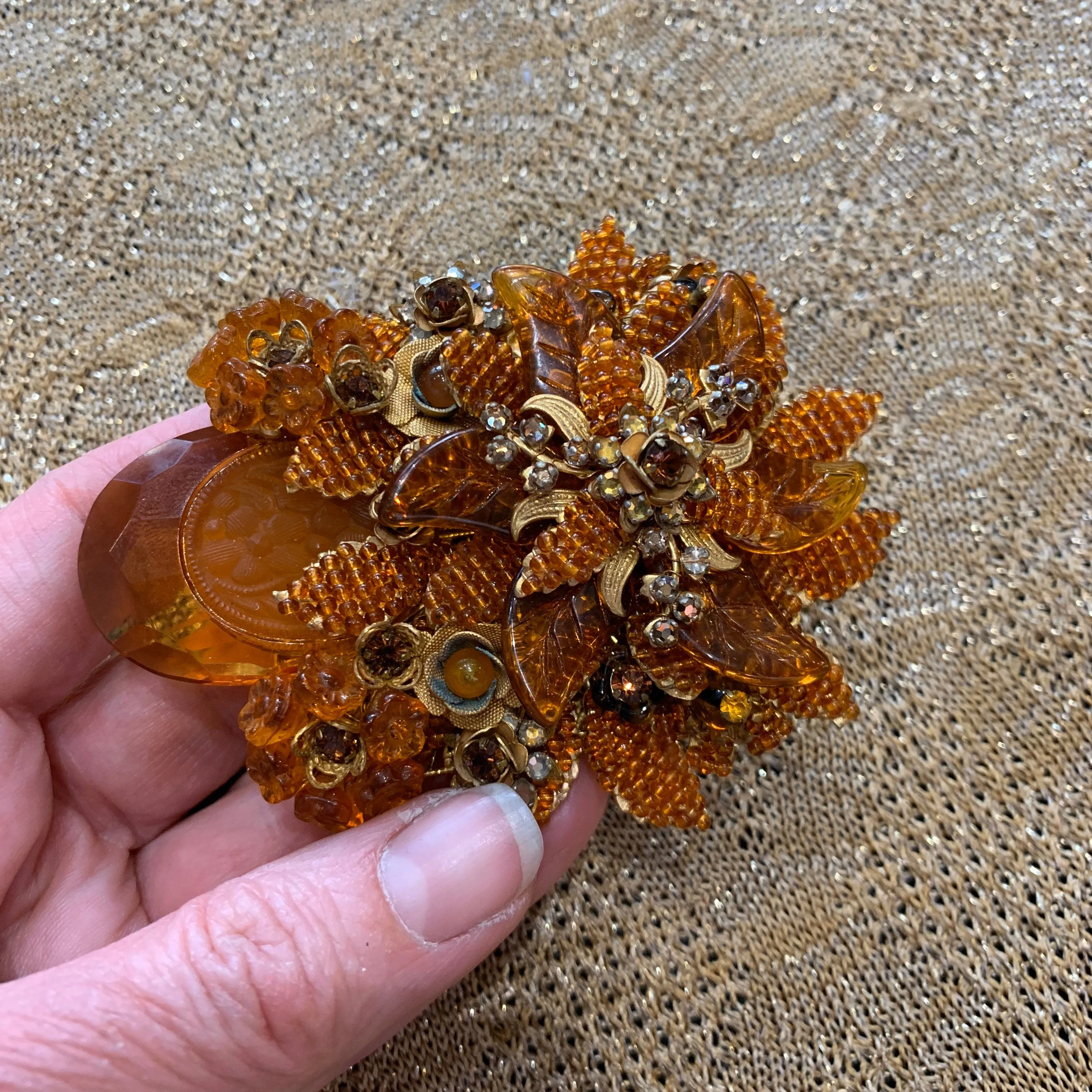 Stanley Hagler Amber Brown glass statement brooch