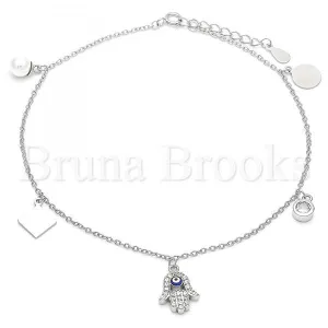 Sterling Silver 03.336.0048.10 Charm Anklet , Hand of God and Greek Eye Design, with White Cubic Zirconia and Ivory Pearl, Blue Enamel Finish, Rhodium Tone