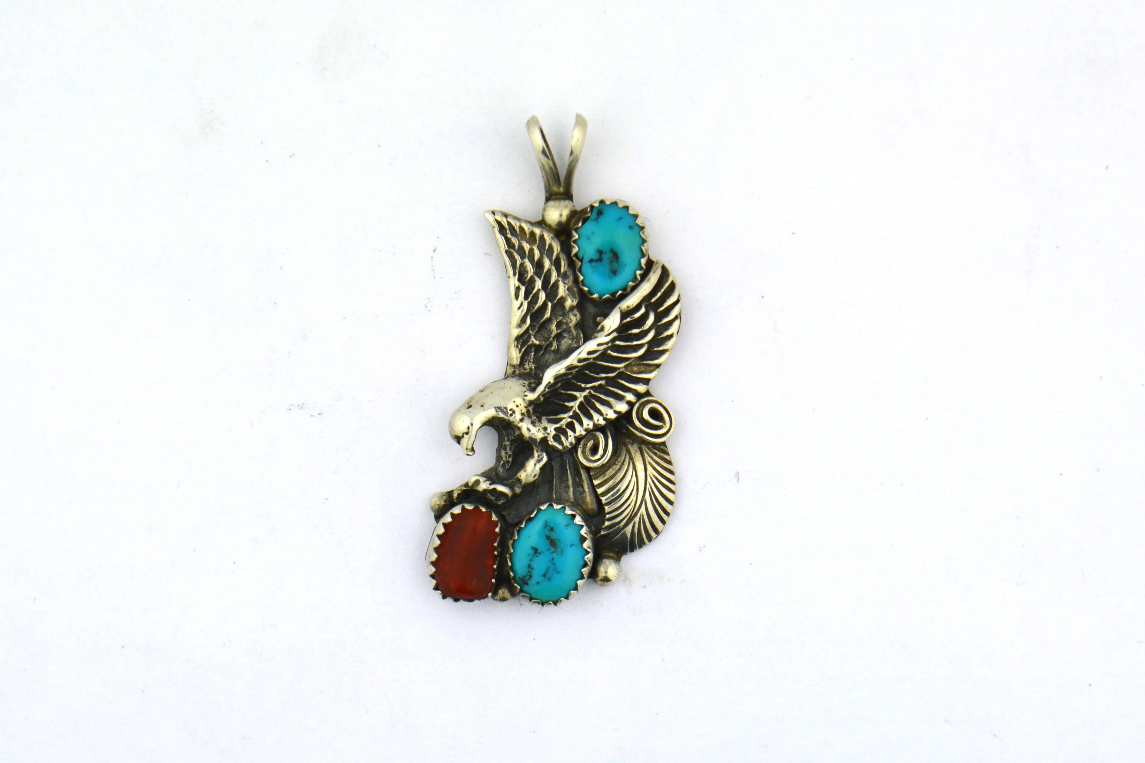 Sterling Silver Native American Pendant Coral and Turquoise Eagle Signed TD Active