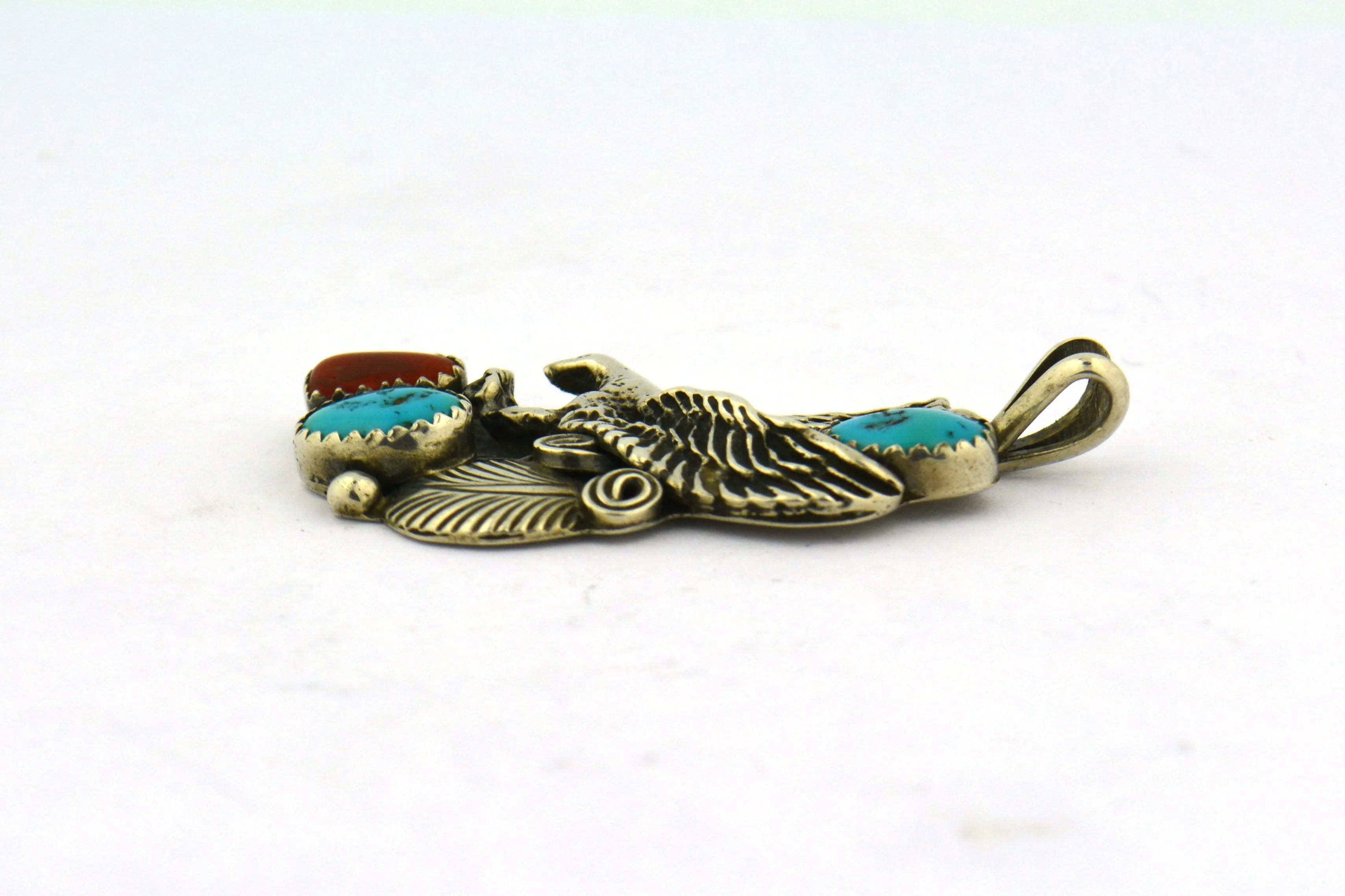 Sterling Silver Native American Pendant Coral and Turquoise Eagle Signed TD Active