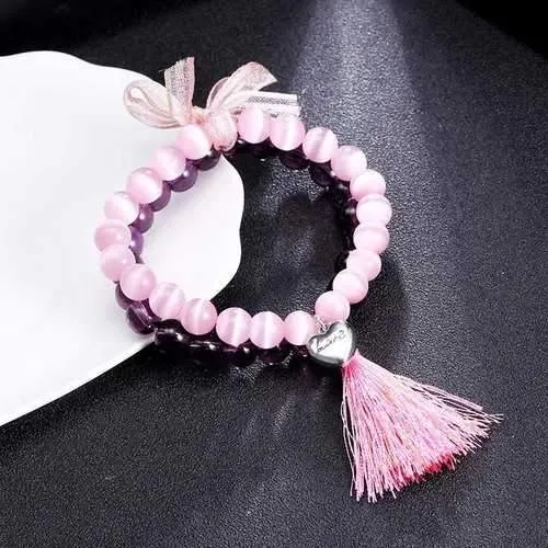 Sweet Amethyst Crystal Opal Beads Heart Tassels Elegant Two-layer Bracelet Women Jewelry