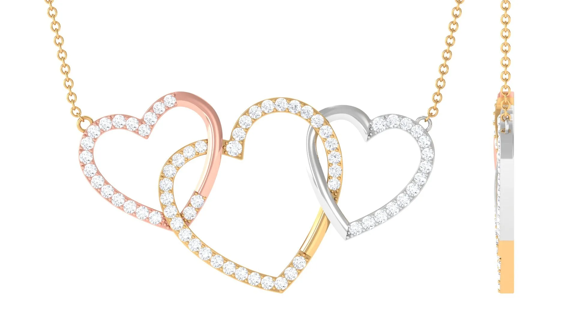 Three Tone Gold Diamond Open Heart Necklace