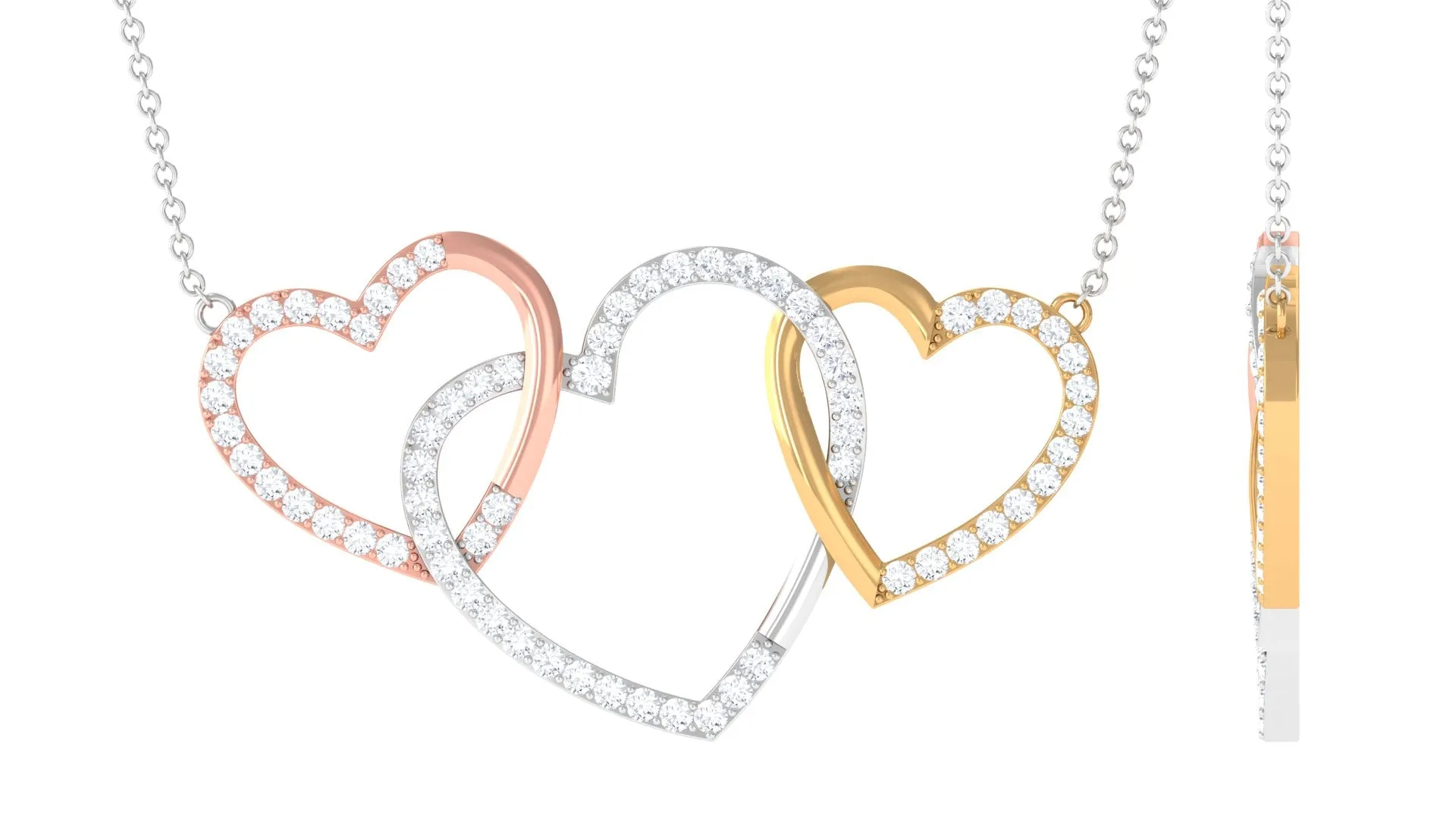 Three Tone Gold Diamond Open Heart Necklace