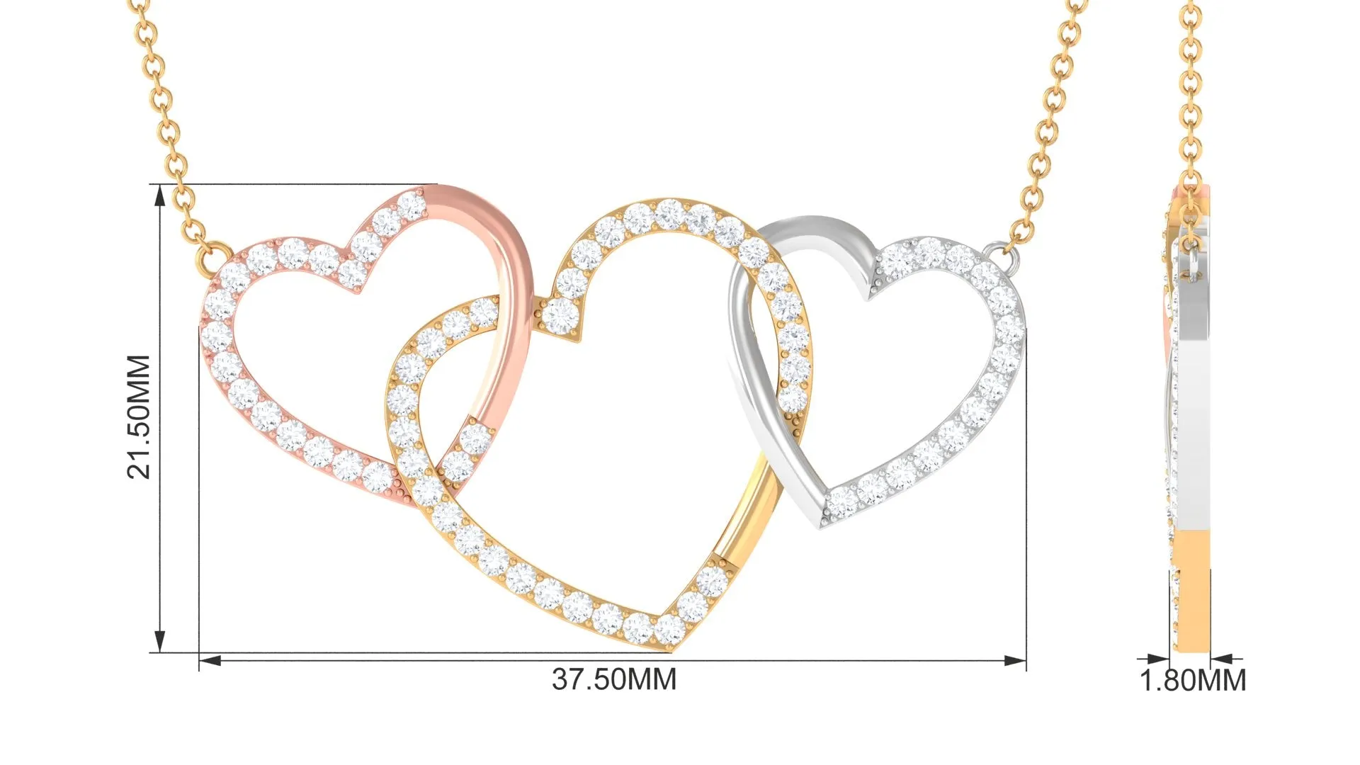 Three Tone Gold Diamond Open Heart Necklace