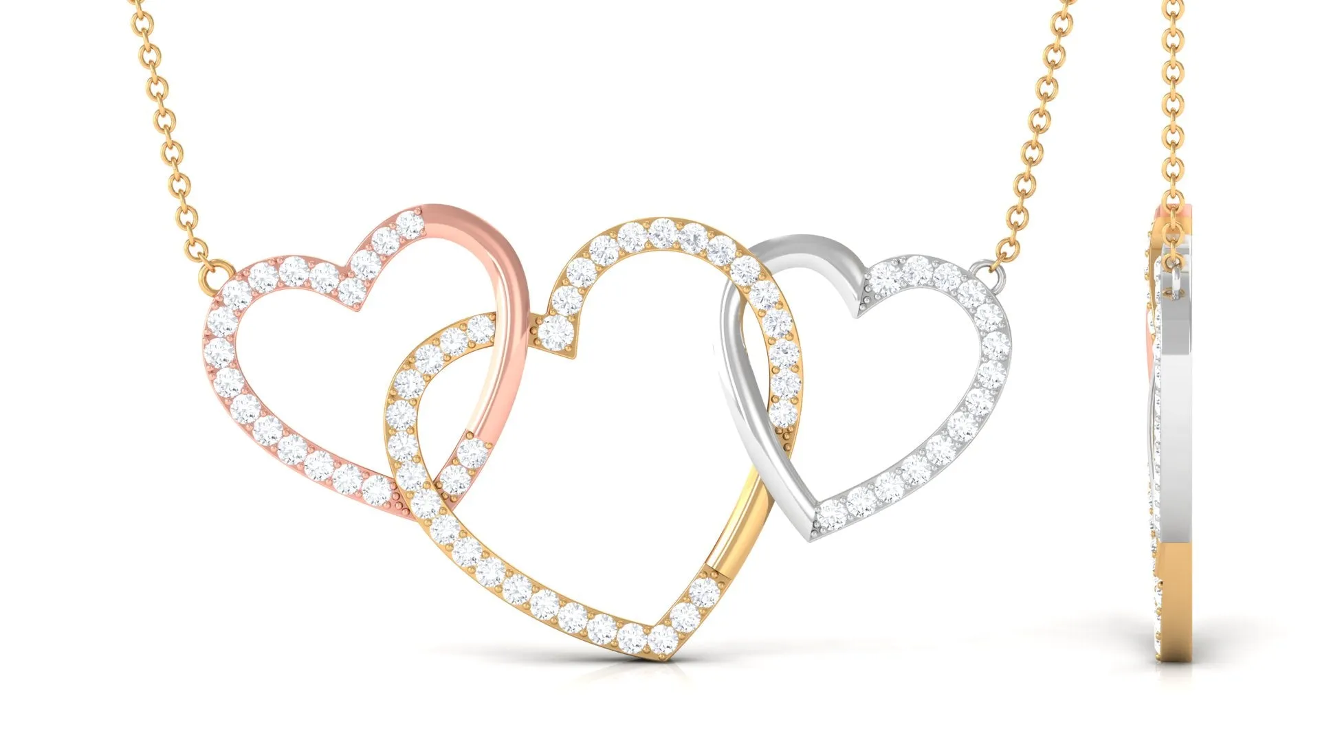 Three Tone Gold Diamond Open Heart Necklace