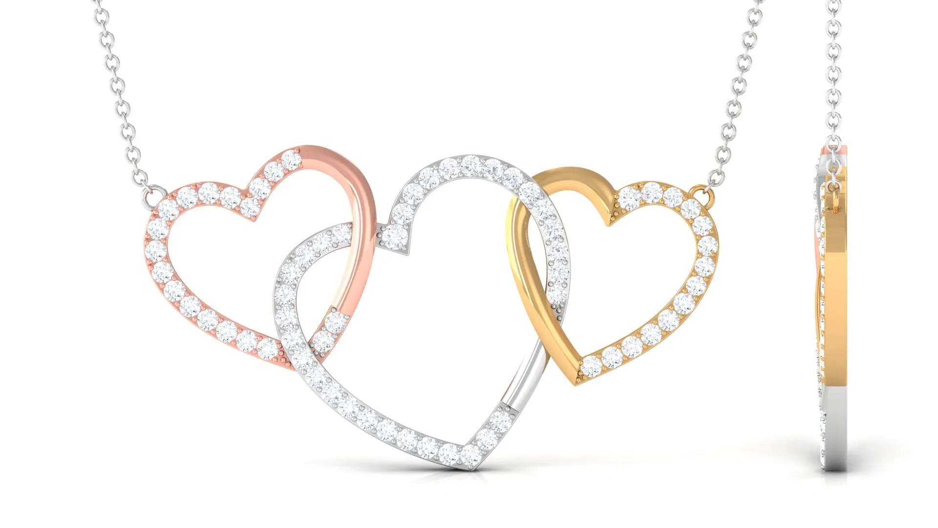 Three Tone Gold Diamond Open Heart Necklace