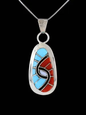 Turquoise and Coral Sterling Silver Zuni Inlay Pendant