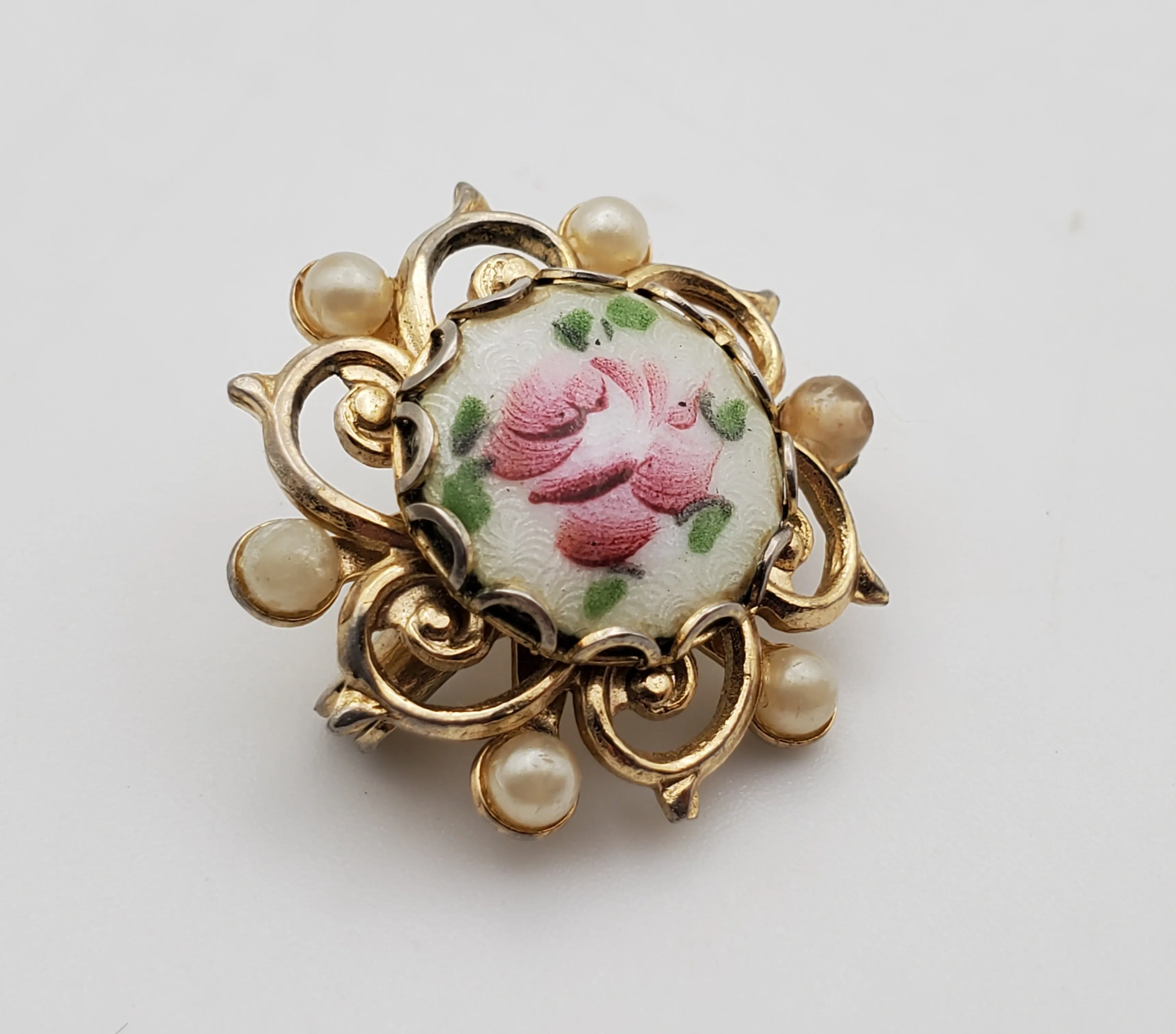 Vintage Hand Painted Guilloche Enamel Gold Tone Brooch