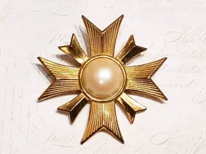 Vintage Miriam Haskell Gold and Pearl Maltese Cross Brooch Signed