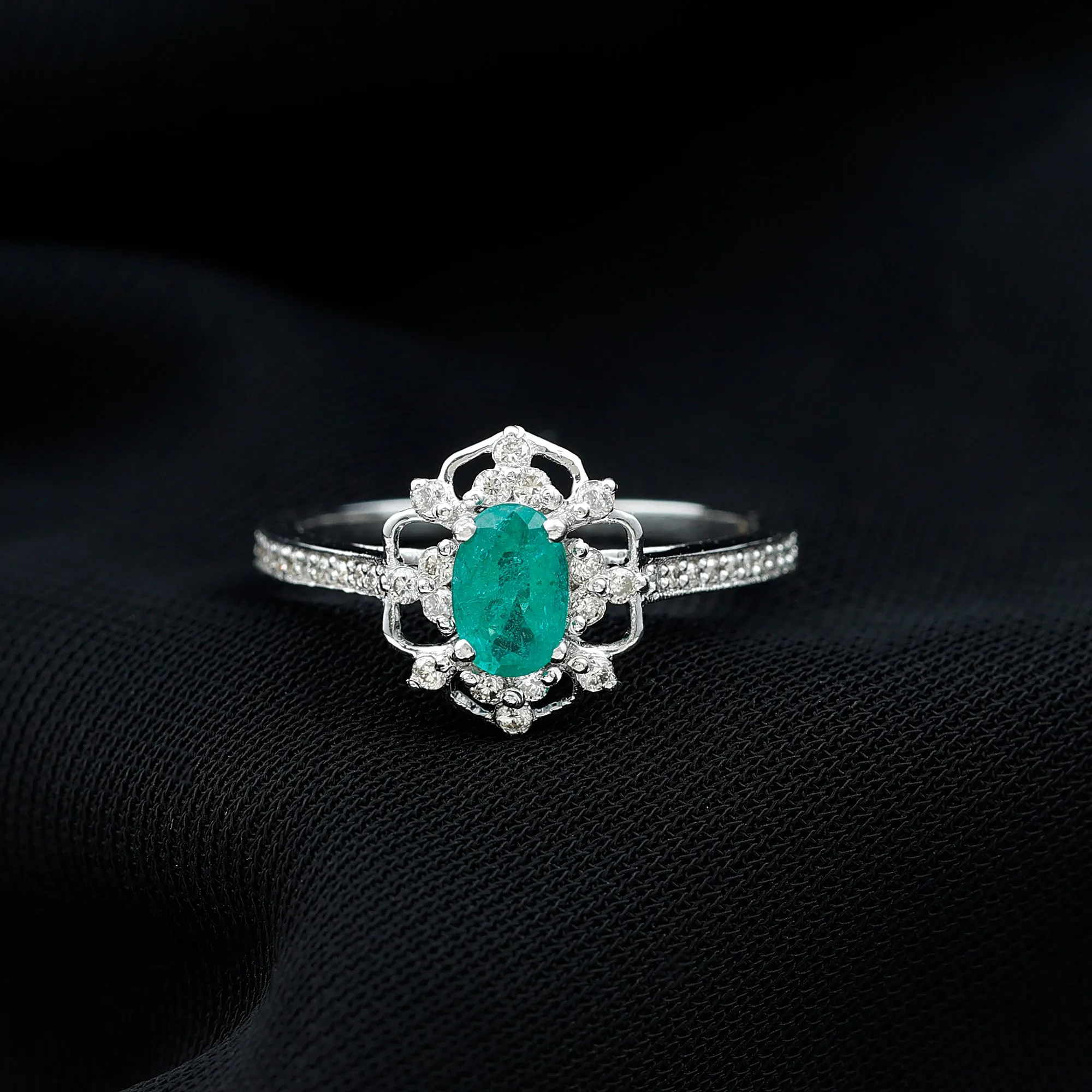 Vintage Style Emerald and Diamond Flower Engagement Ring