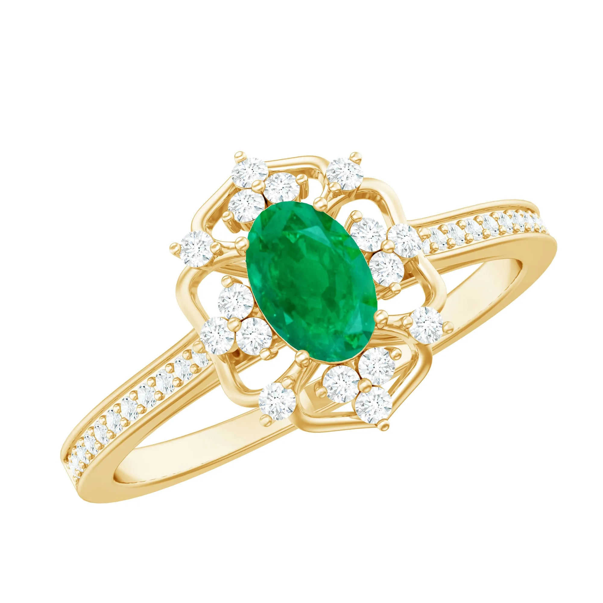 Vintage Style Emerald and Diamond Flower Engagement Ring