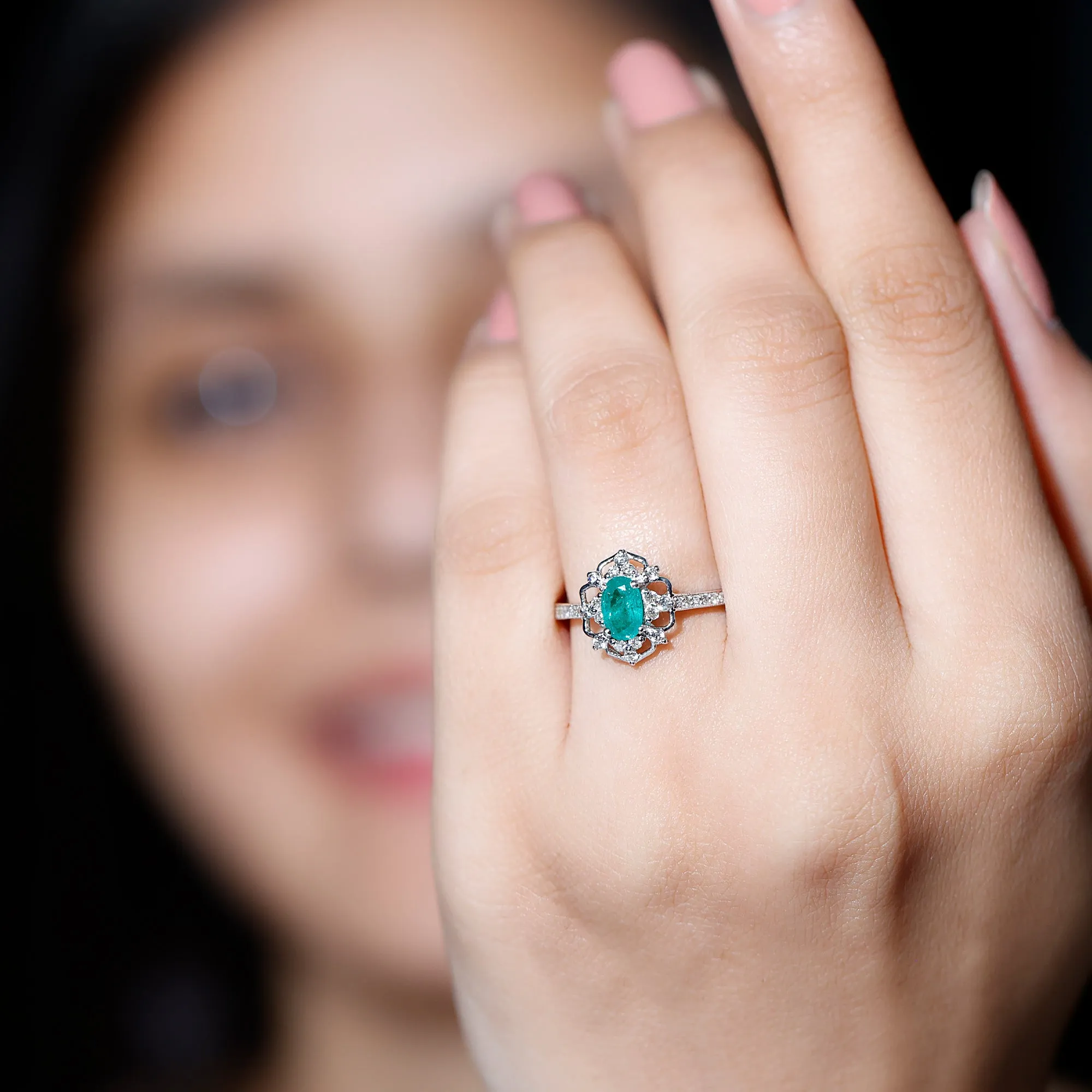 Vintage Style Emerald and Diamond Flower Engagement Ring