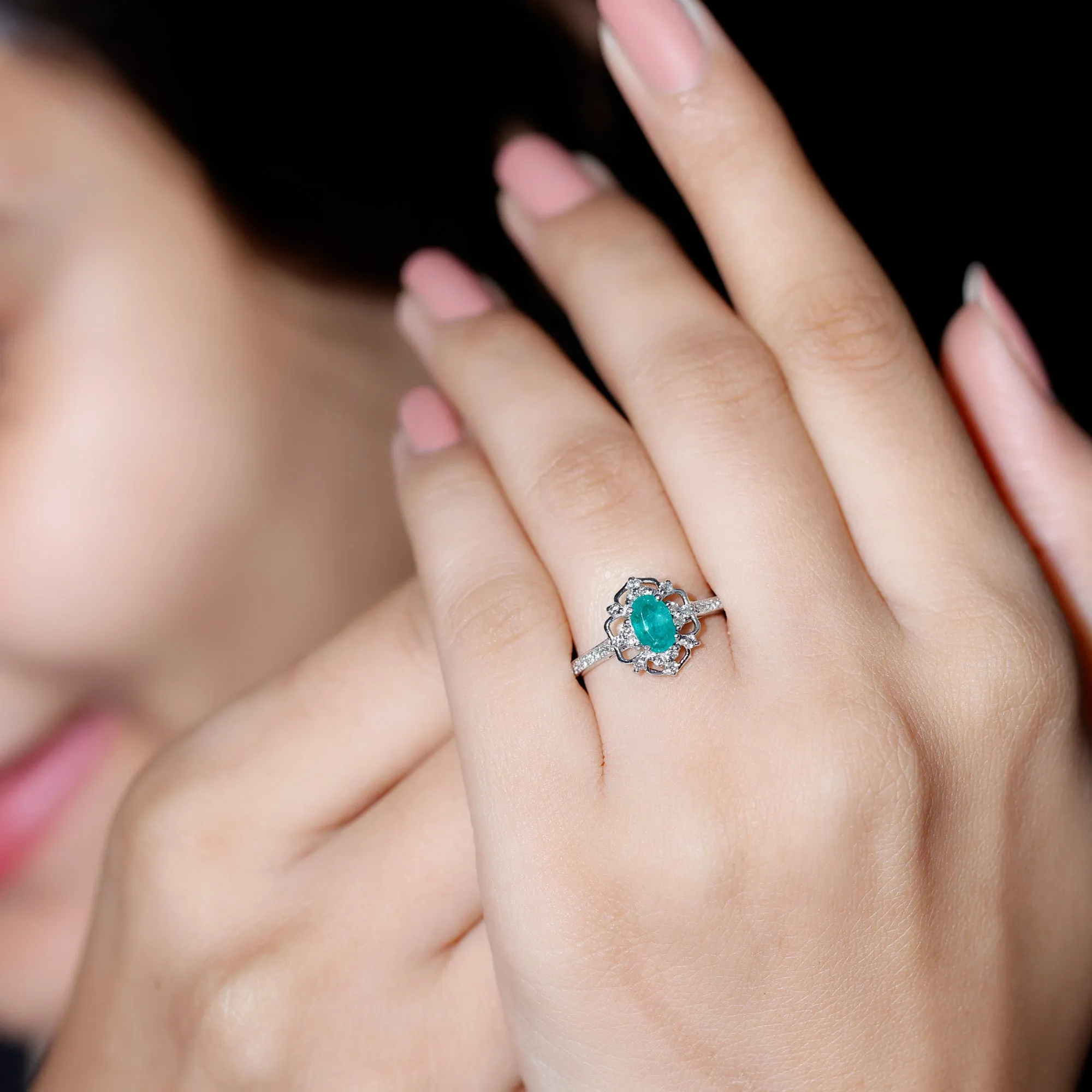 Vintage Style Emerald and Diamond Flower Engagement Ring