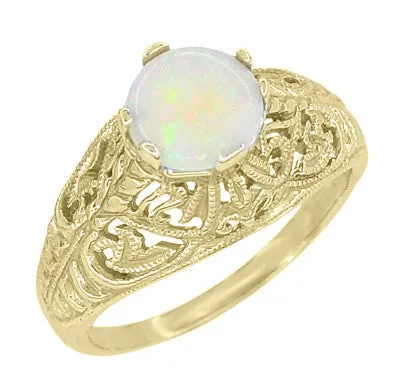 Yellow Gold Edwardian Dome Filigree Solitaire Opal Ring