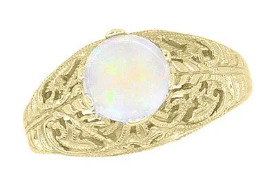 Yellow Gold Edwardian Dome Filigree Solitaire Opal Ring